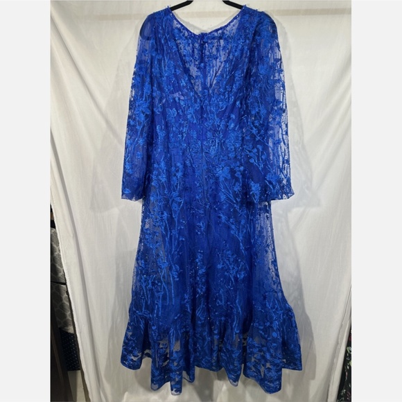 NWT $798 Mac Duggal [ 16 ] V Neck Mesh Puff Sleeve A Line Embellished Dress Blue - Picture 14 of 16